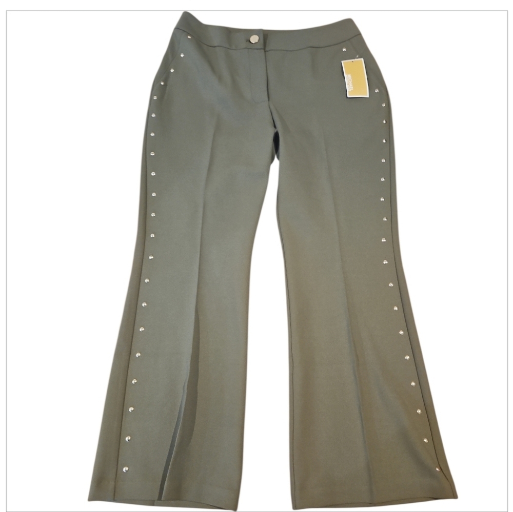 Michael Kors Olive Green Studded High Rise Crop Flare Pants sz 4 NWT